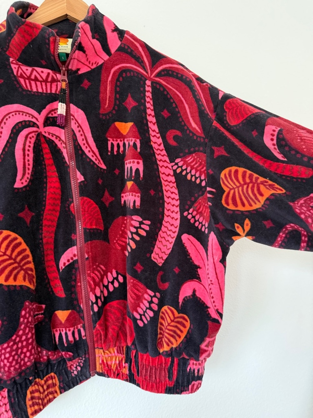 Farm Rio Black Tropical Magic Plush Velvet Bomber Jacket women's size Small - Picture 7 of 16